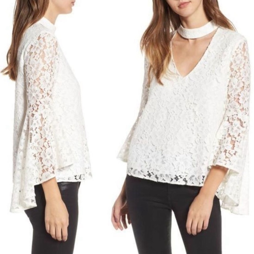 WAYF Ivory Top with Lace Detailing, Collar, Bell Sleeves, and Pearl Buttons